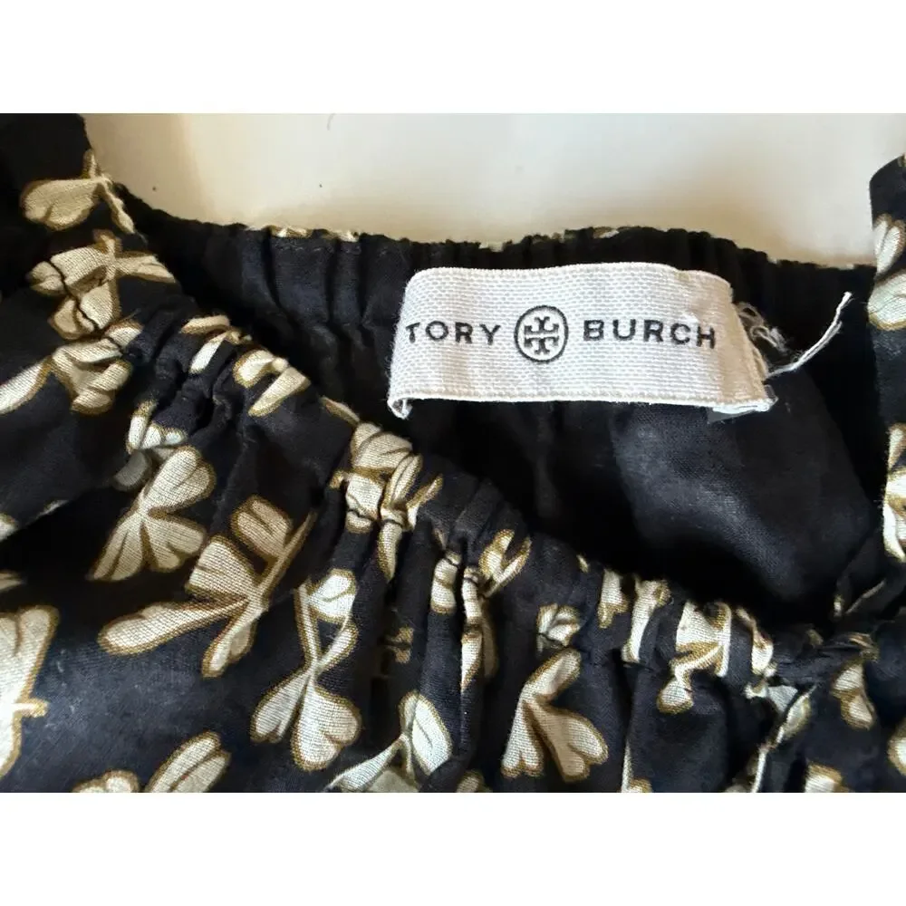 Tory Burch Smocked Midi Dress in Black Little Leaves Size Large